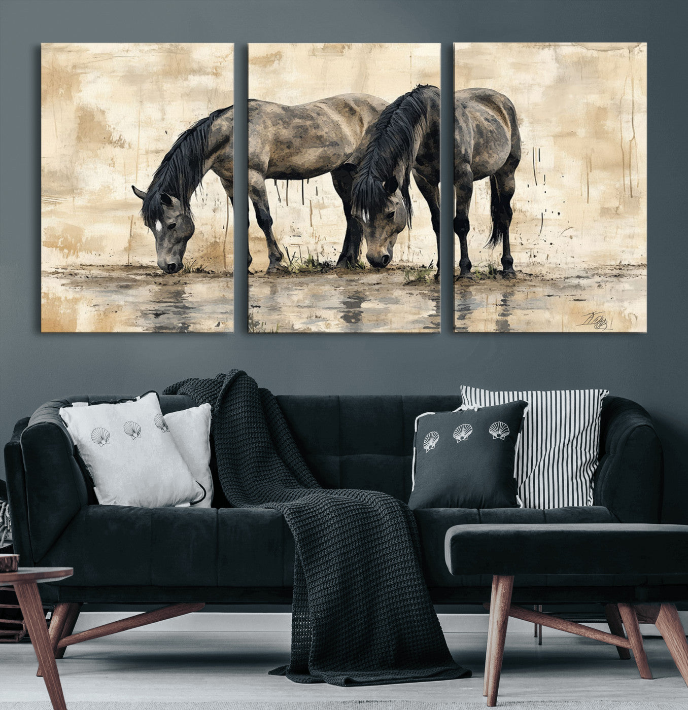 45159-MGV-CV-36X24-Chinese Style Abstract Black Horses Wall Art Canvas Print - Abstract Horse Wall Art Canvas Print