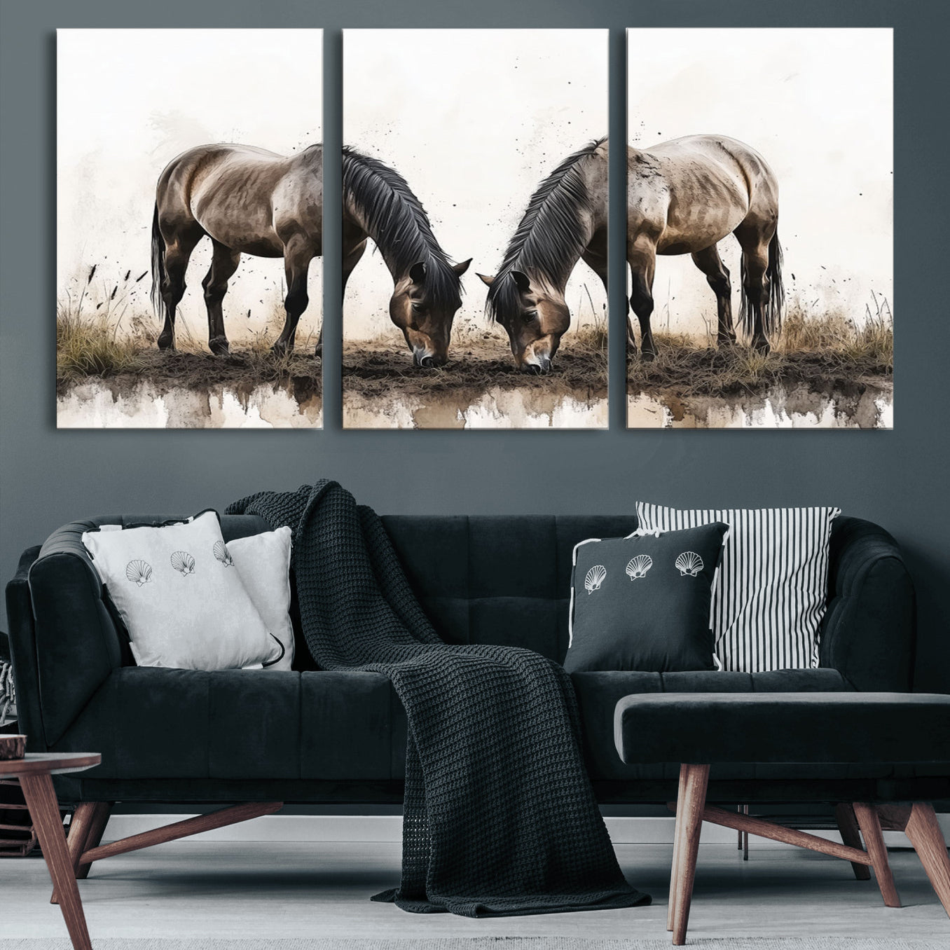 71729-MGV-CV-60X30-3P-Chines Ink Style Horses Wall Art Canvas Print