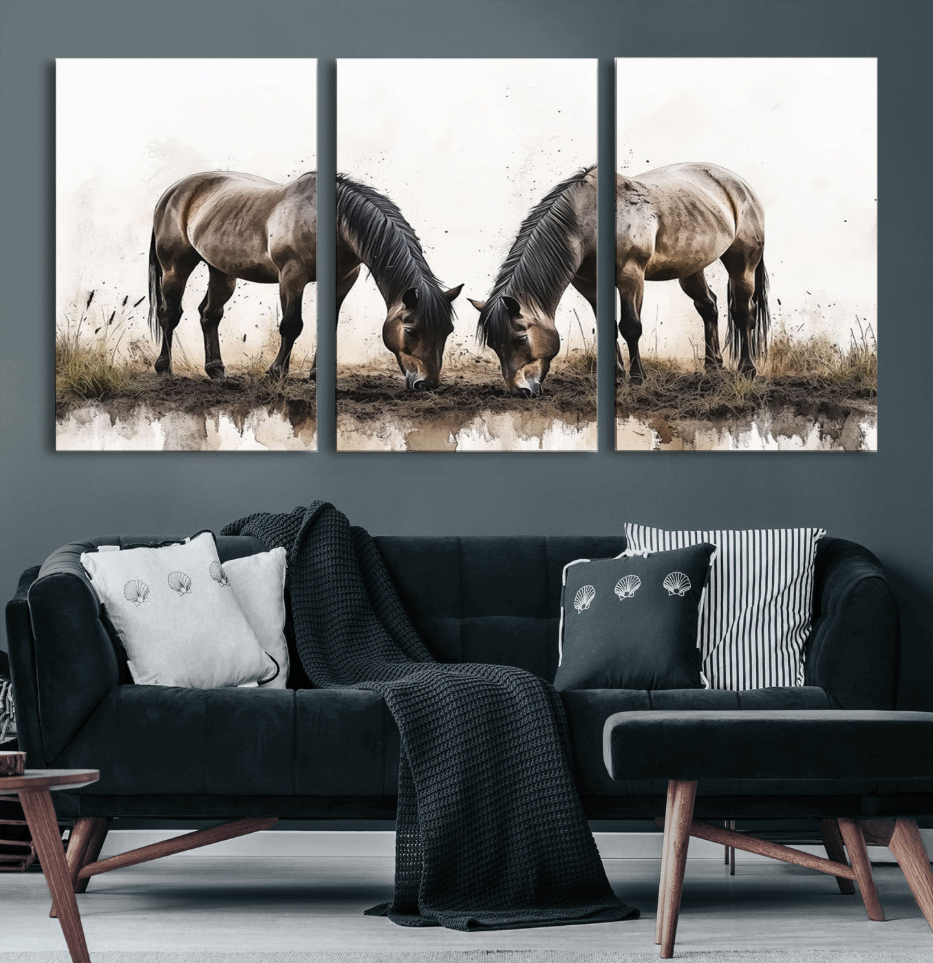 71729-MGV-CV-60X30-3P-Chines Ink Style Horses Wall Art Canvas Print