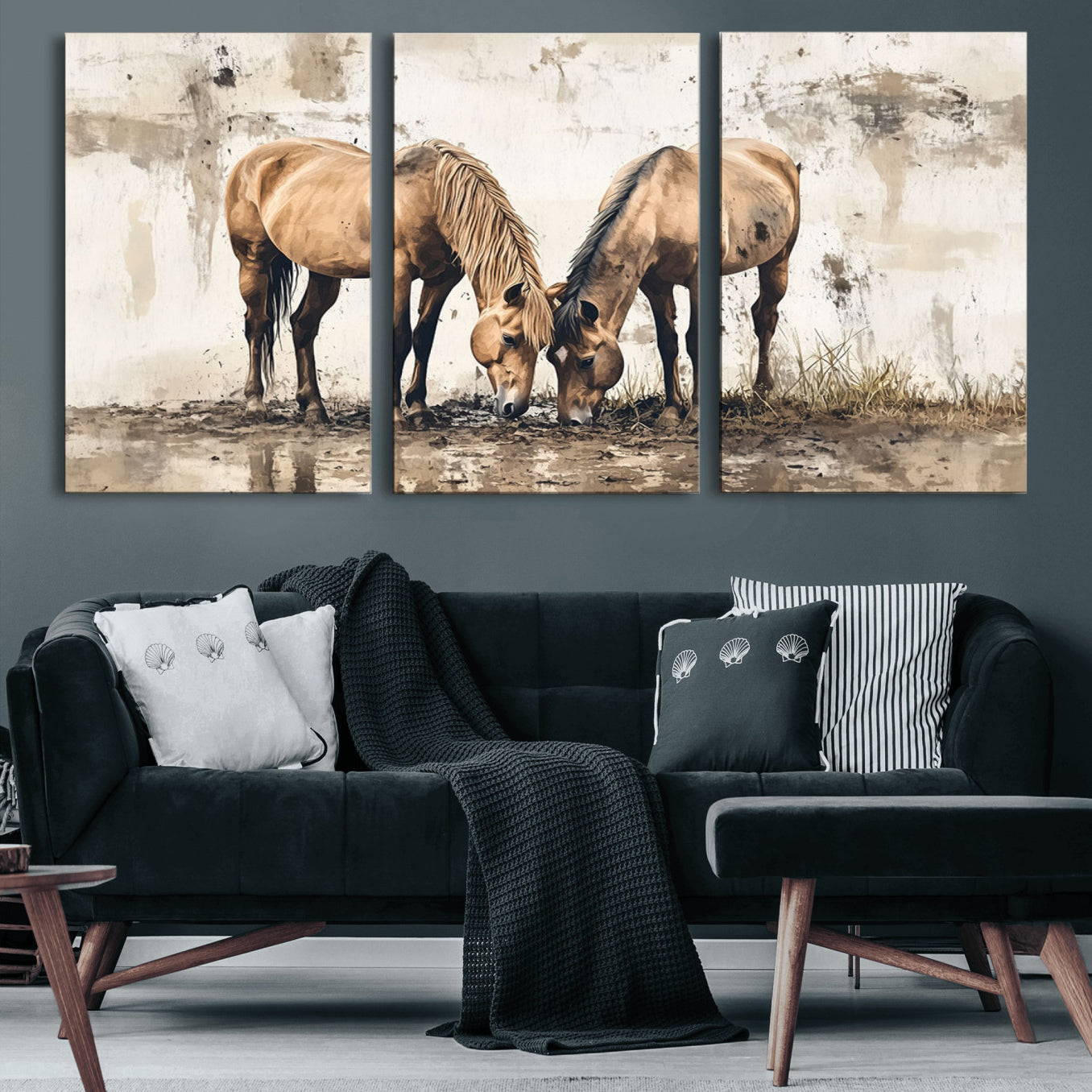 44742-MGV-CV-60X30-3P-Vintage Horses Wall Art | Ready to Hang and Framed Triptych | Western Farmhouse Wall Decor for