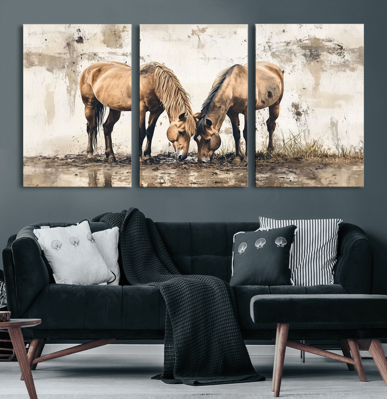 44742-MGV-CV-60X30-3P-Vintage Horses Wall Art | Ready to Hang and Framed Triptych | Western Farmhouse Wall Decor for