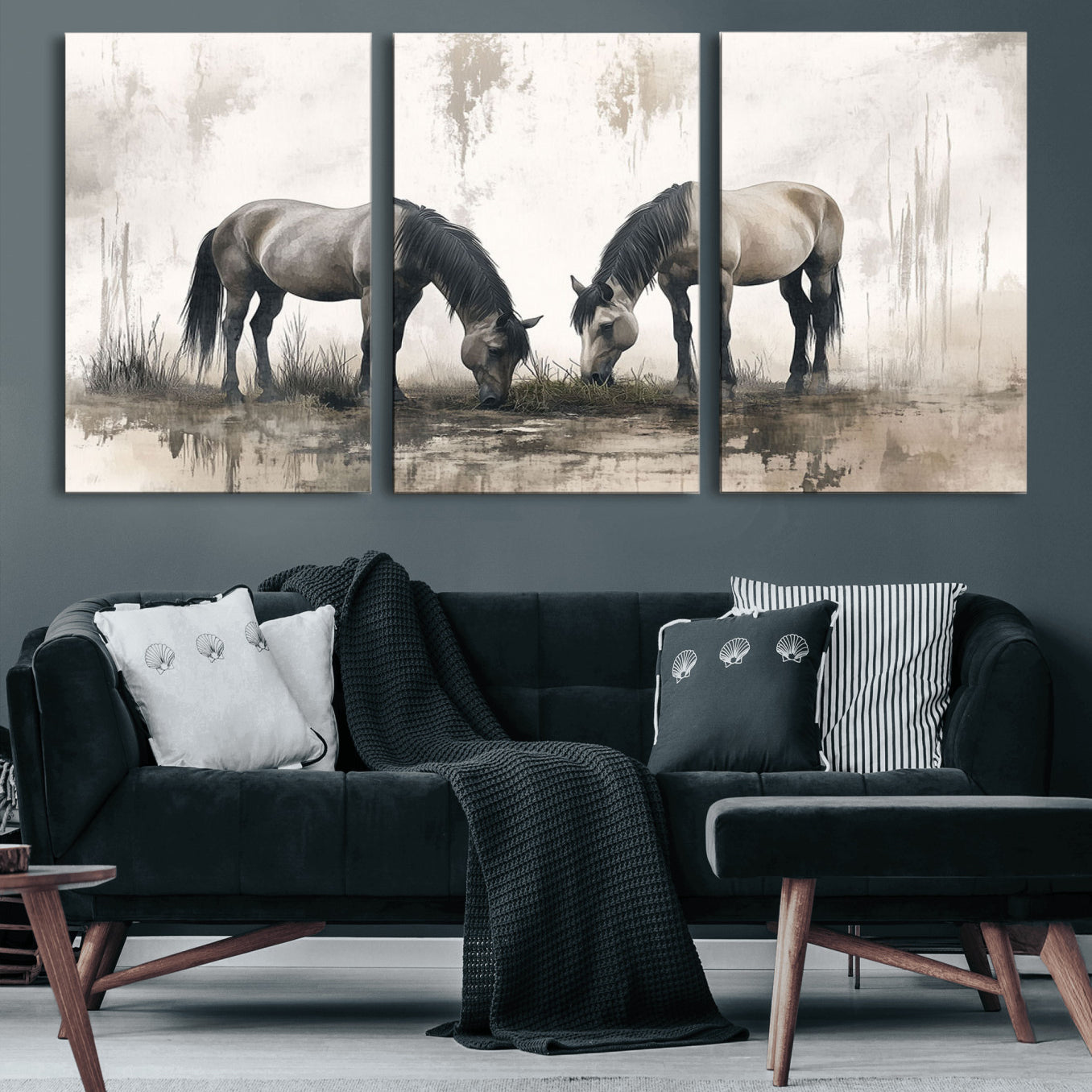35494-MGV-CV-60X30-3P-Chines Ink Style Vintage Horses Wall Art Canvas Print for Farmhouse Wall Decor
