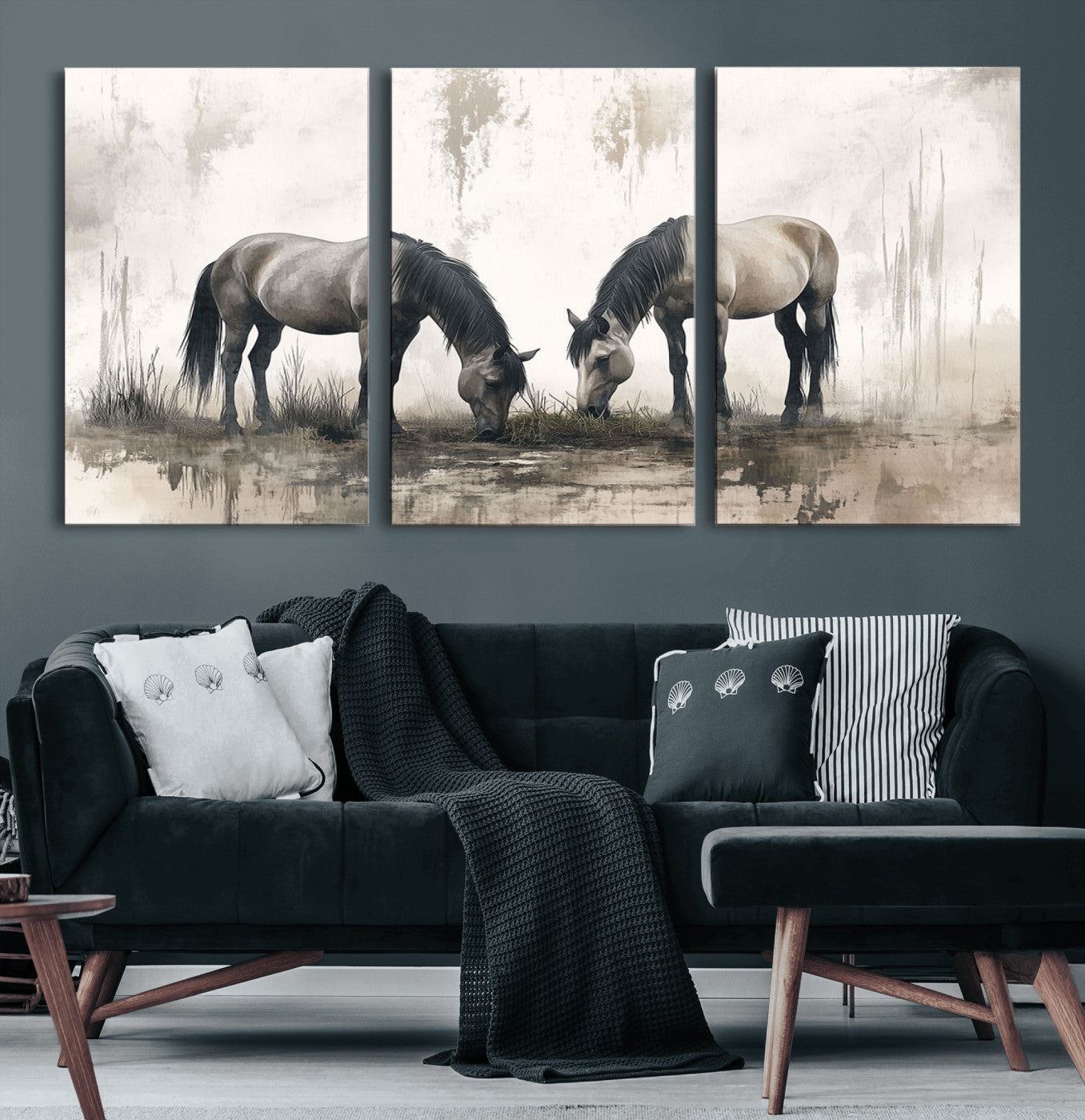 35494-MGV-CV-60X30-3P-Chines Ink Style Vintage Horses Wall Art Canvas Print for Farmhouse Wall Decor