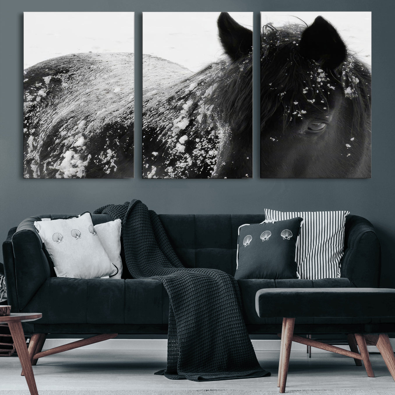 52886-MGV-CV-60X30-3P-Black Horse in Snow Canvas Print | Winter Horse Wall Art | Ready to Hang and Framed | Farmhouse Wall