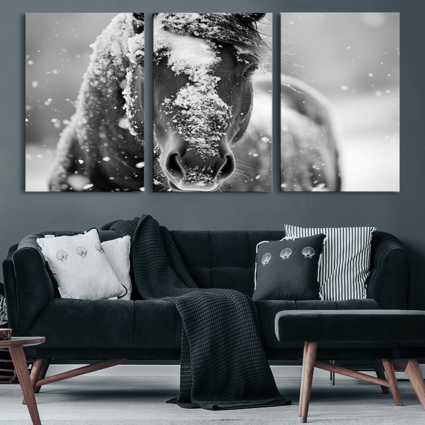 -Black and White Horse Winter Wall Art | Ready to Hang and Framed | Farmhouse Wall Decor | Western