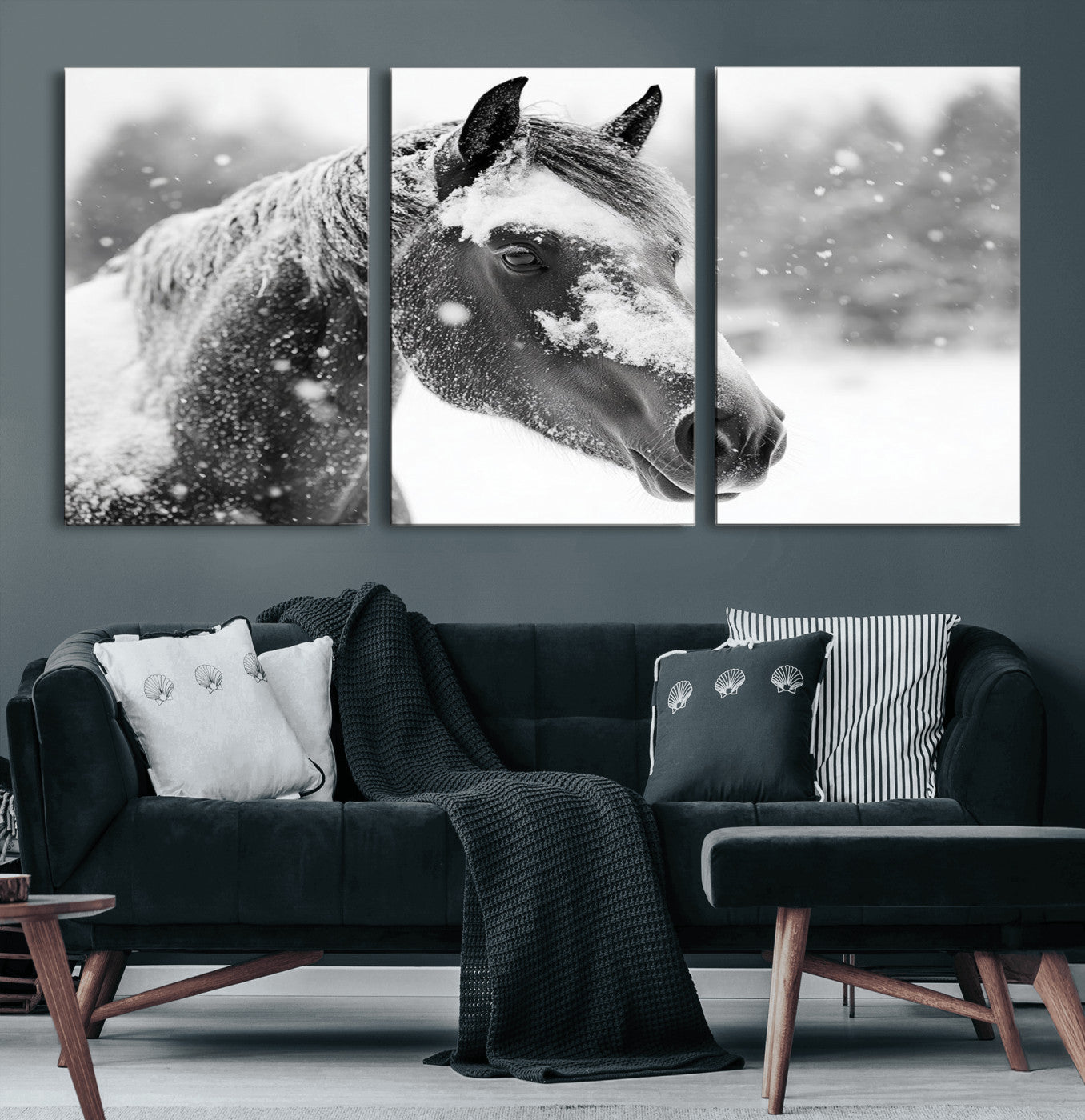 13358-MGV-CV-60X30-3P-Black Horse Winter Wall Art | Ready to Hang and Framed | Farmhouse and Western Wall Decor for Living