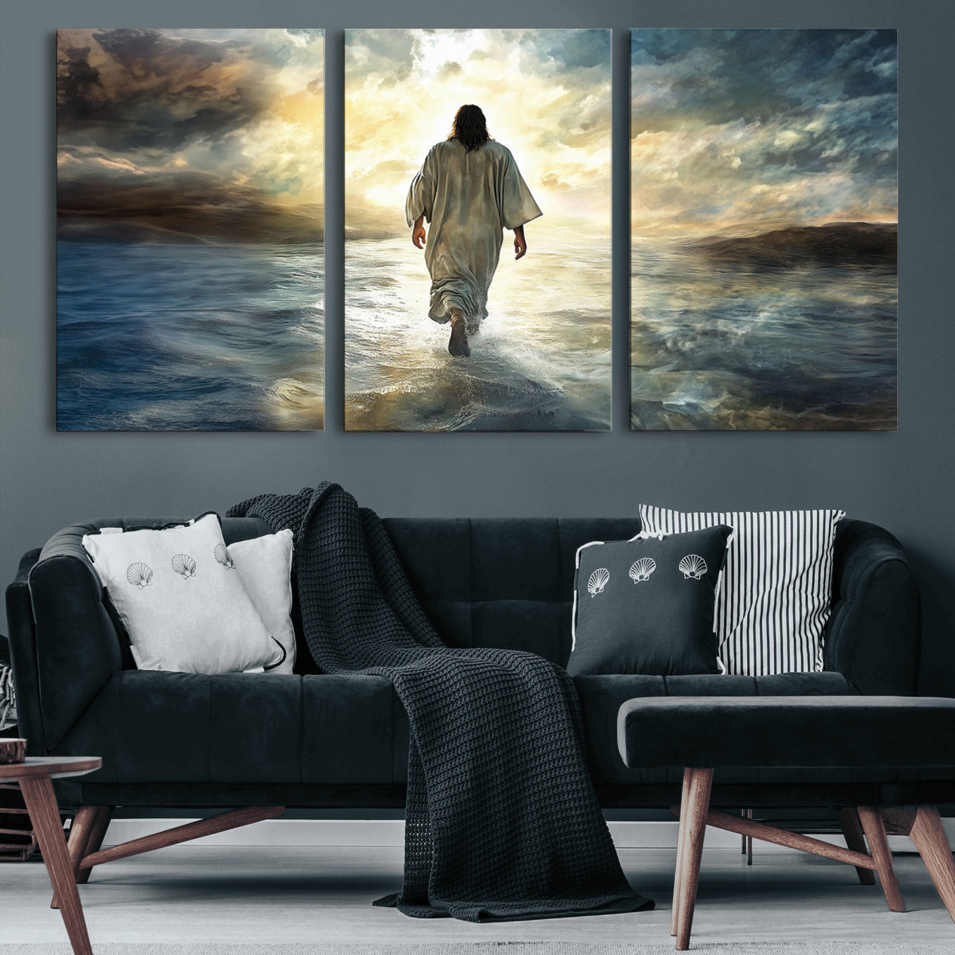82295-MGV-CV-60X30-3P-Jesus Walking on Water Wall Art | Canvas Print | Ready to Hang | Christian Home Decor | Spiritual