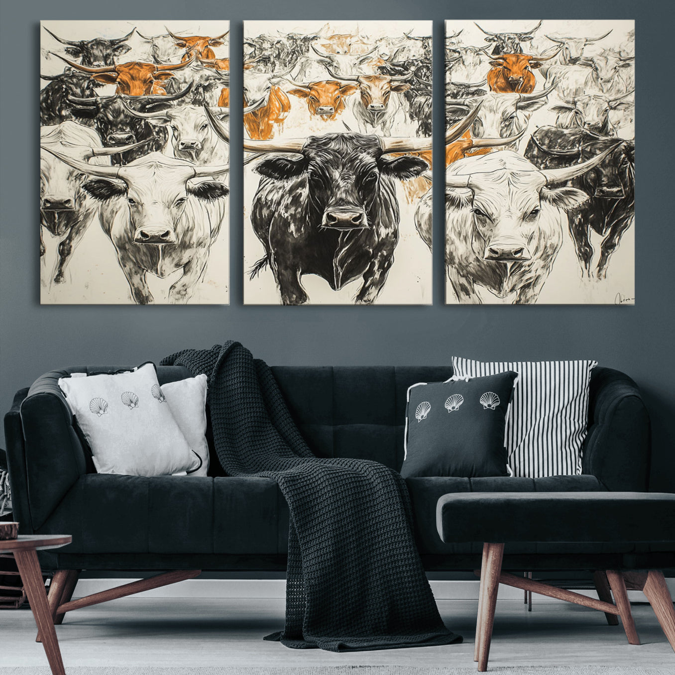 79794-MGV-CV-60X30-3P-Farmhouse Wall Art | Western Longhorn Cattle Canvas Print | Ready to Hang and Framed Barn Decor