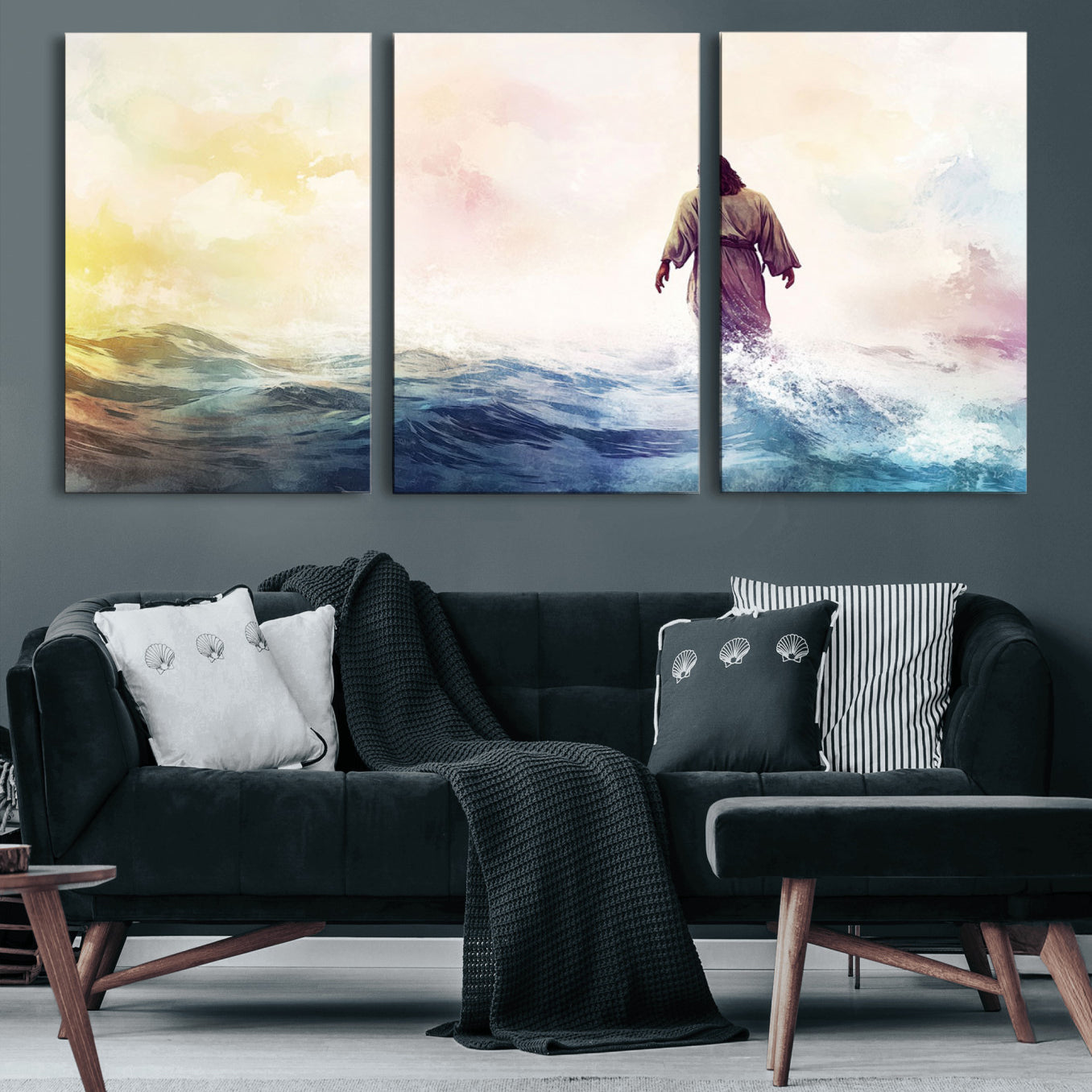 -Watercolor Jesus Walking on Water Canvas Print, Christian Wall Art, Jesus Christ Walking