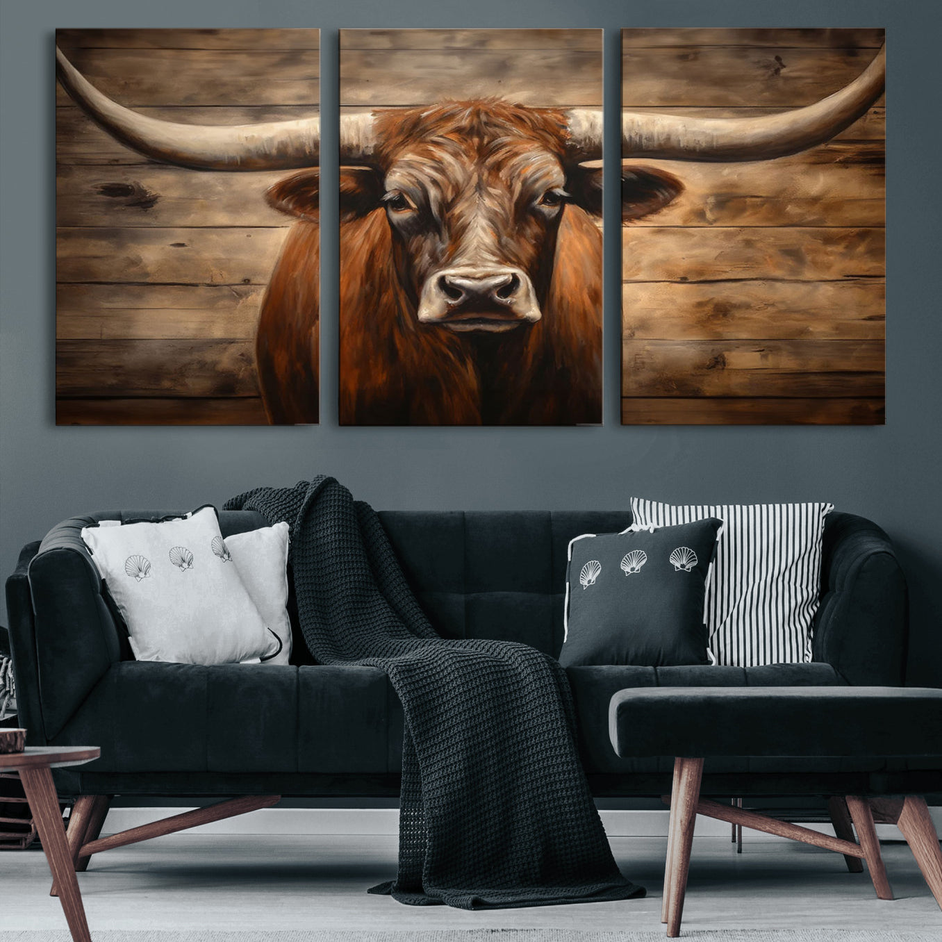 77556-MGV-CV-60X30-3P-Longhorn Bull Wall Art | Canvas Print | Ready to Hang | Rustic Farmhouse Wall Decor | Western Barn