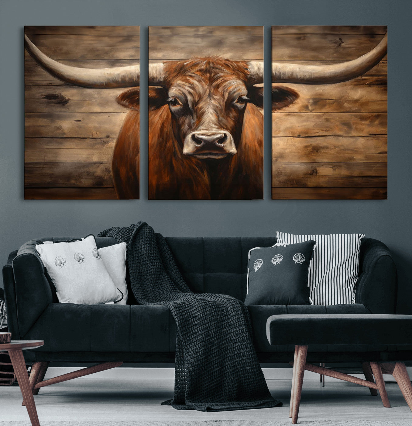 77556-MGV-CV-60X30-3P-Longhorn Bull Wall Art | Canvas Print | Ready to Hang | Rustic Farmhouse Wall Decor | Western Barn