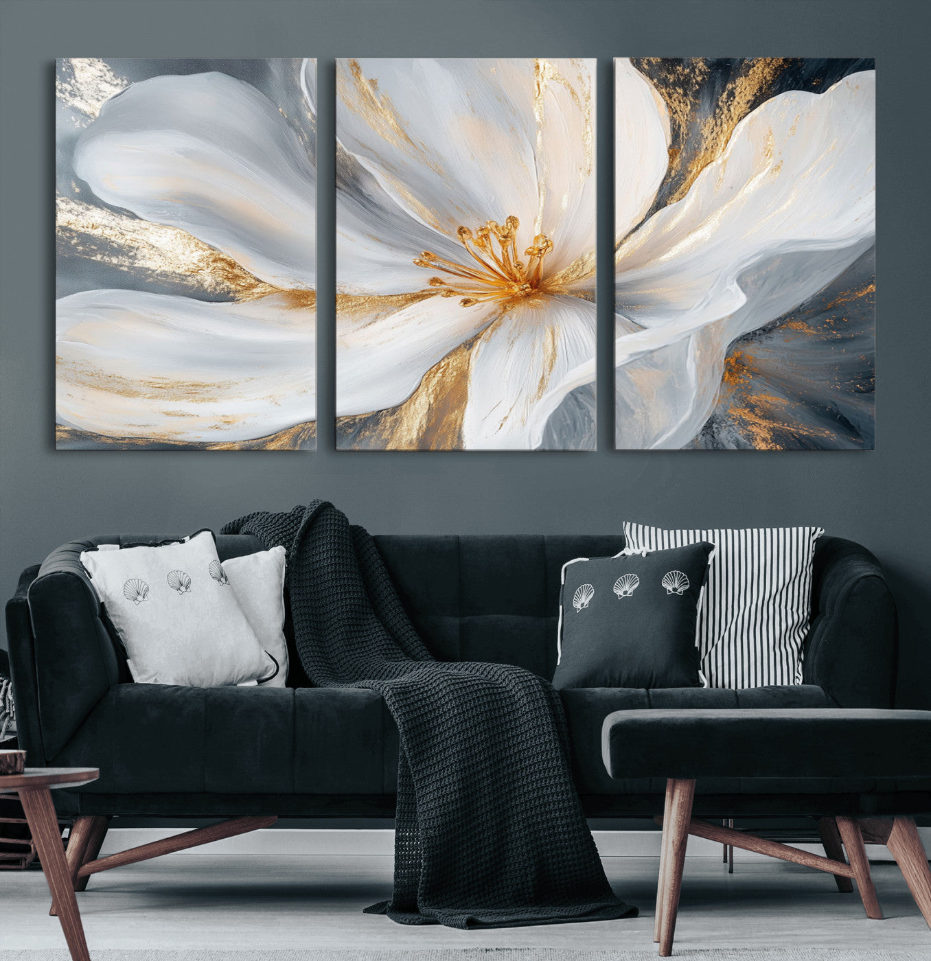83149-MGV-CV-36X24-White and Gold Floral Canvas Wall Art - Framed and Ready to Hang - Perfect for Modern Living Rooms