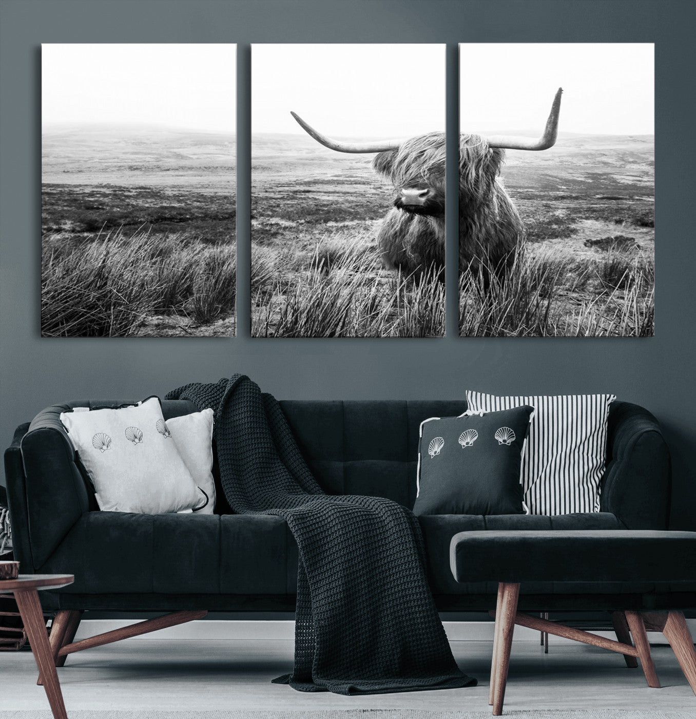 80826-MGV-CV-60X30-3P-Scottish Highland Cow Wall Art | Black and White Canvas Print | Ready to Hang and Framed | Rustic