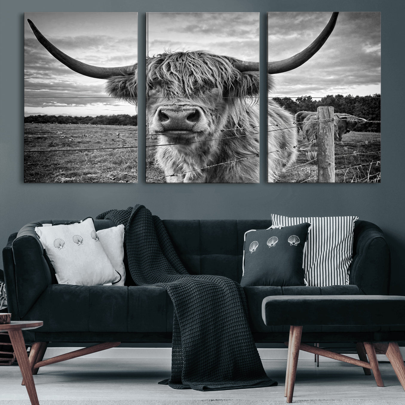 71937-MGV-CV-60X30-3P-Scottish Highland Cow Canvas Wall Art Farmhouse Decor, Framed Scottish Highland Cow Print