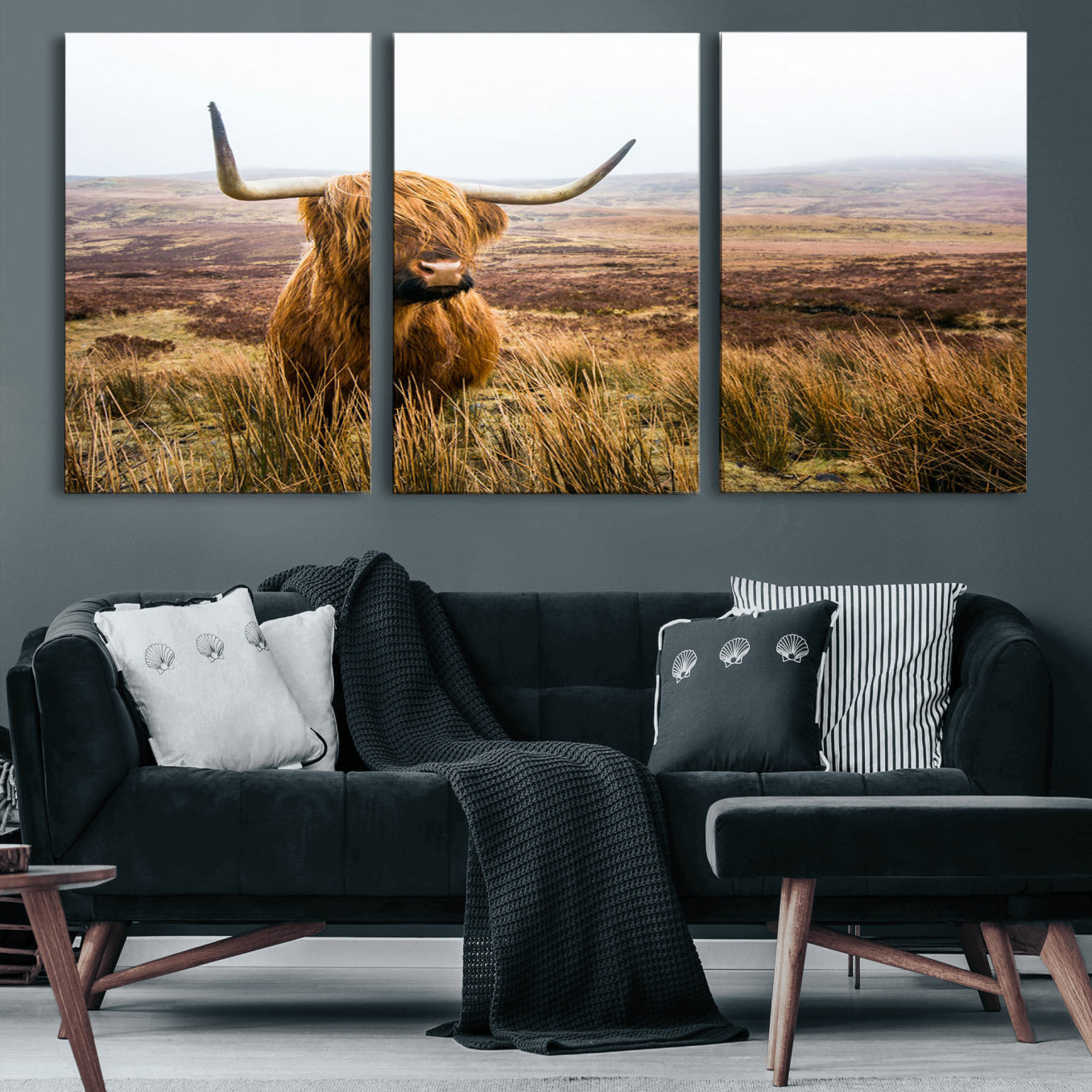 97274-MGV-CV-60X30-3P-Scottish Highland Cow Canvas Wall Art – Rustic Farmhouse Charm with Highland Cattle – Ready to Hang