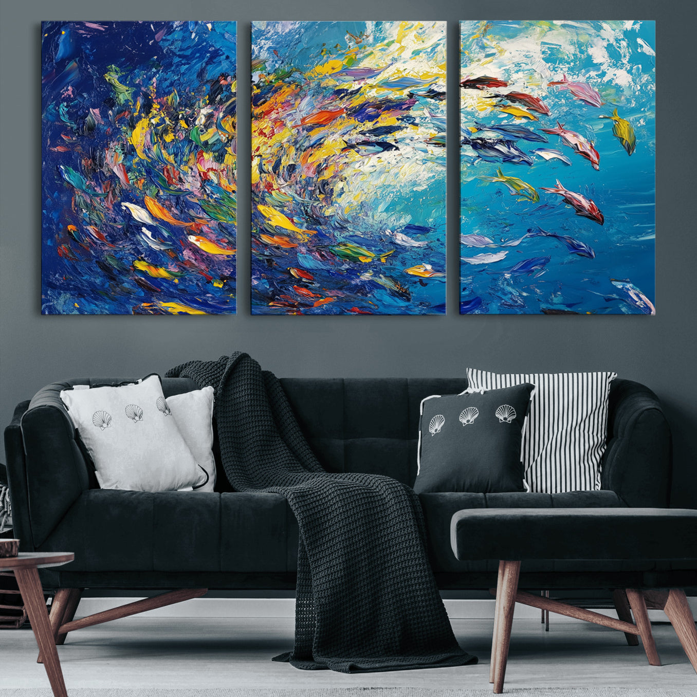 -Colorful Swirling Fish School Wall Art Canvas Print | Oceanic Abstract Painting | Ready to Hang |