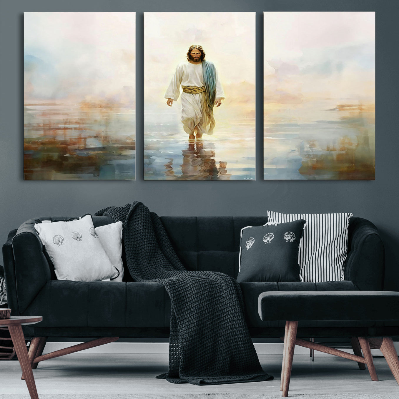 41795-MGV-CV-60X30-3P-Framed Jesus Walking on Water Wall Art - 3-Panel Christian Canvas Prints, Religious Artwork for