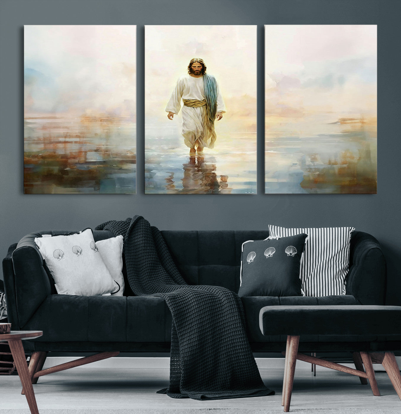 41795-MGV-CV-60X30-3P-Framed Jesus Walking on Water Wall Art - 3-Panel Christian Canvas Prints, Religious Artwork for
