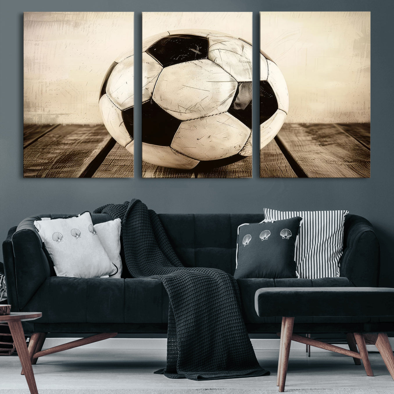 24319-MGV-CV-60X30-3P-Vintage Soccer Ball Wall Decor Canvas Art – 3-Panel Soccer Wall Decor, Framed and Ready to Hang