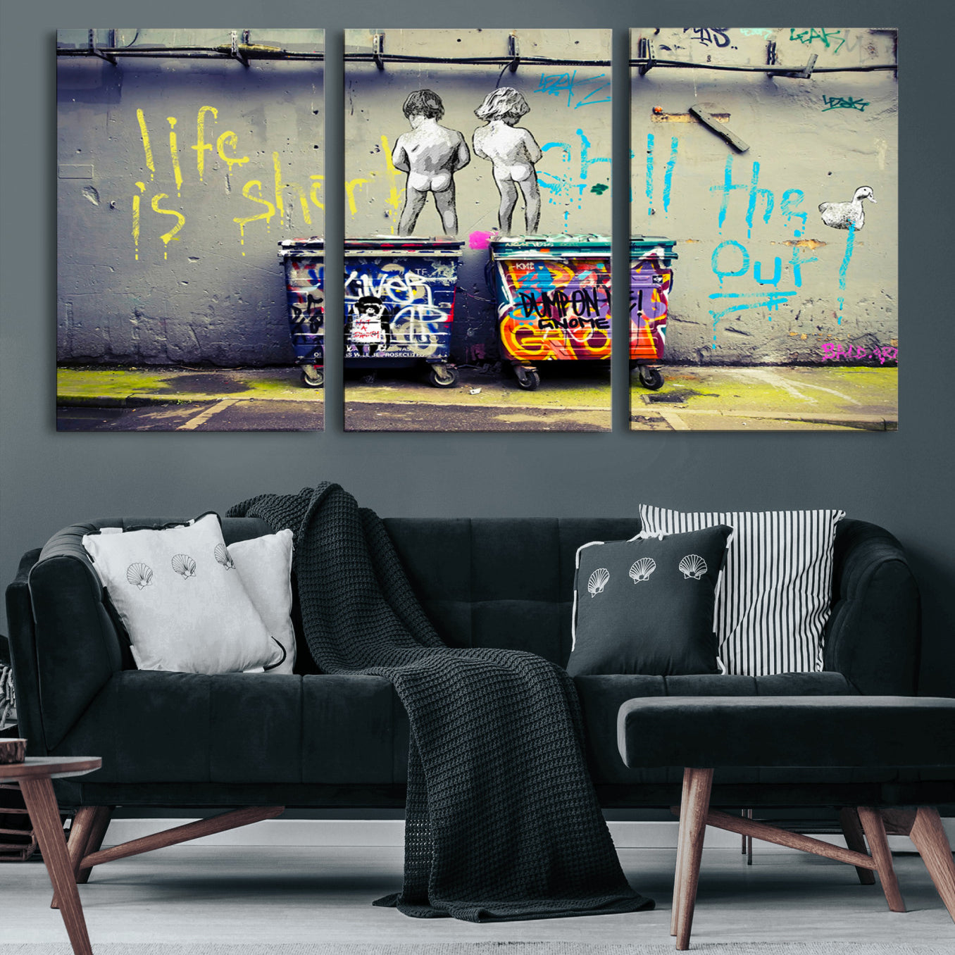 BanksSort-MGV-CV-60X30-3P-Banksy Life is Short Wall Art - Iconic Graffiti Art on Framed Ready-to-Hang Canvas - Street Art
