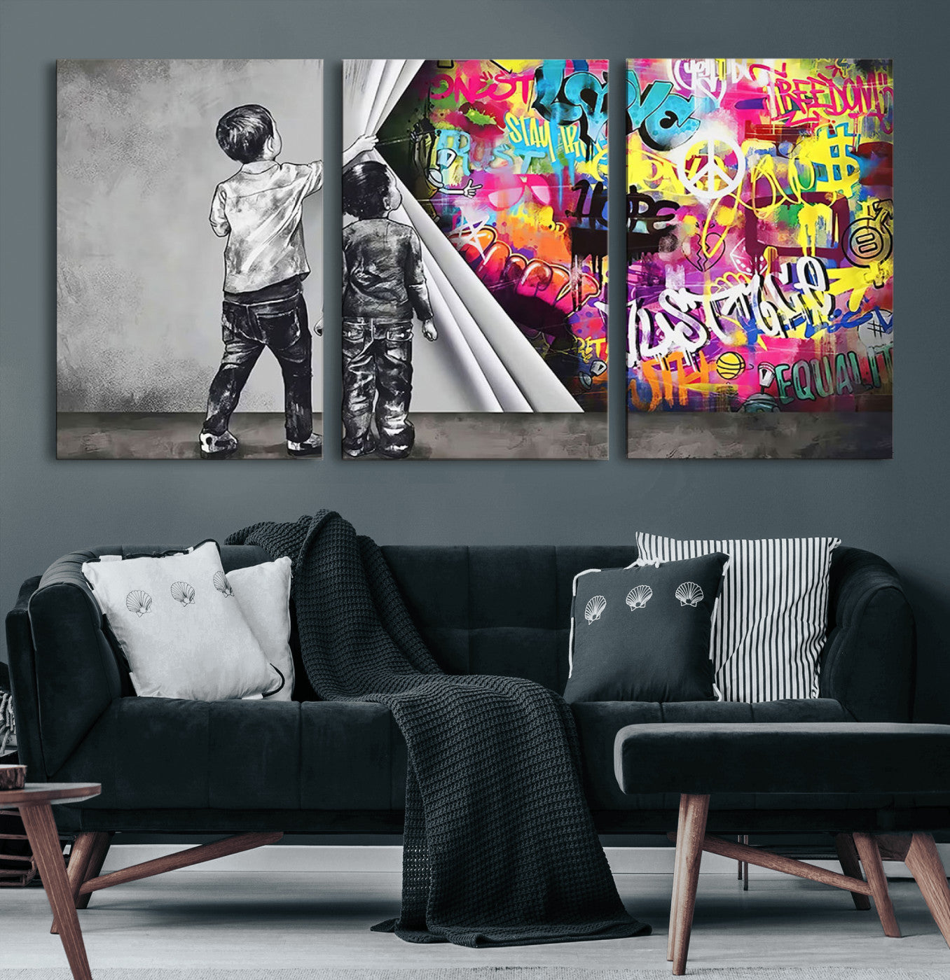 92809-MGV-CV-60X30-3P-Banksy Print - Street Art Canvas Wall Art - Kids Revealing Graffiti, Urban Modern Decor for Living