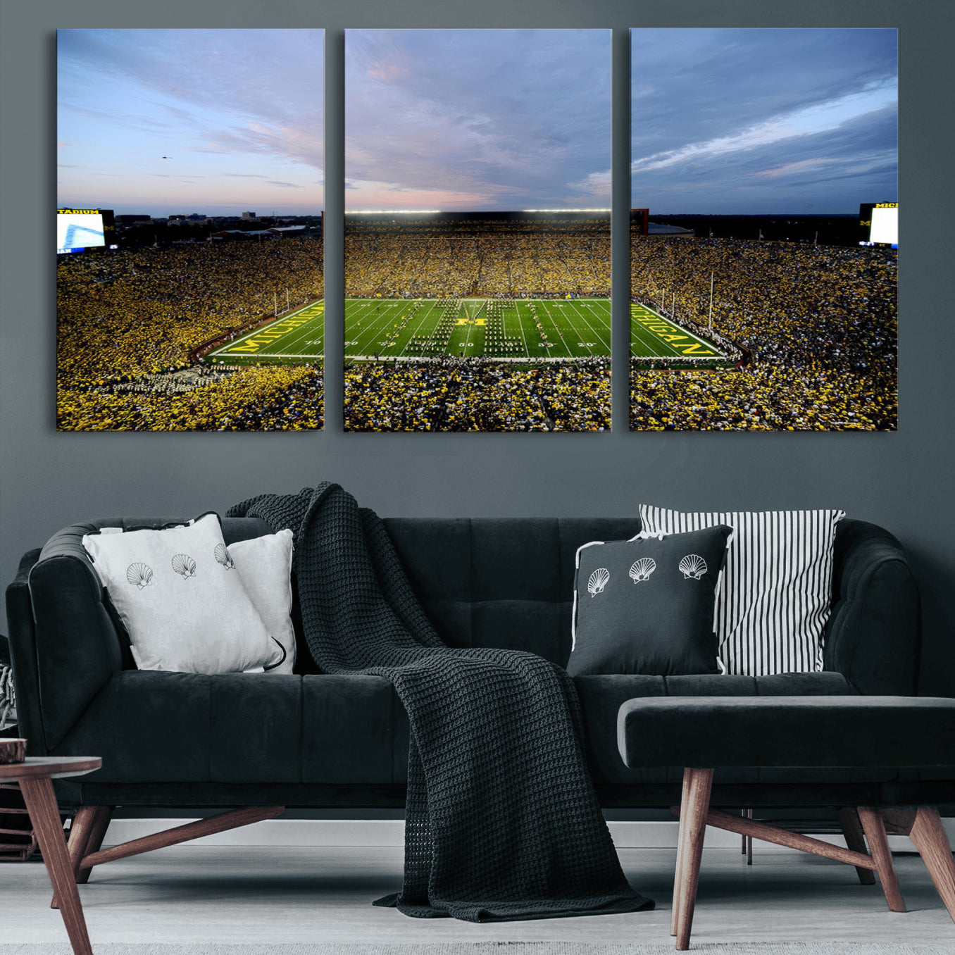82641-MGV-CV-60X30-3P - Michigan Stadium Wall Art Canvas Print, Vibrant Game Day Crowd and Sunset Sky Football Field Artwork for Home, Office