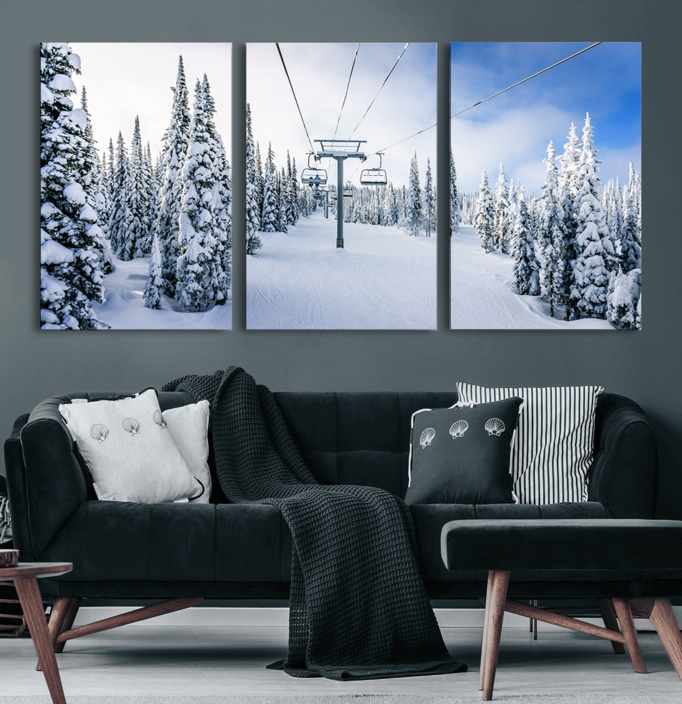 21569-MGV-CV-60X30-3P-Winter Ski Lift Wall Art Print - Landscape Wall Art | Snowy Mountain Adventure | Perfect for Cabin