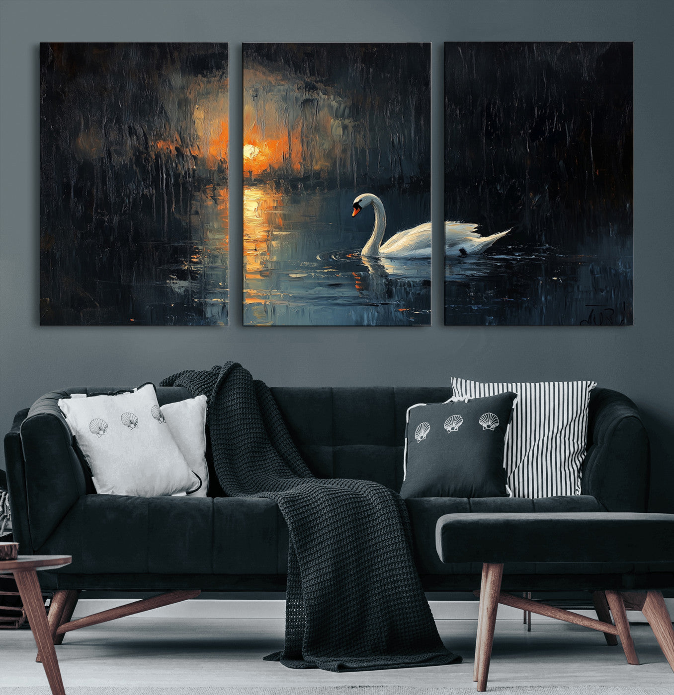 80615-MGV-CV-60X30-3P-Abstract Swan on Water Wall Art Canvas Print - Elegant Nature Scene for Modern Home Decor