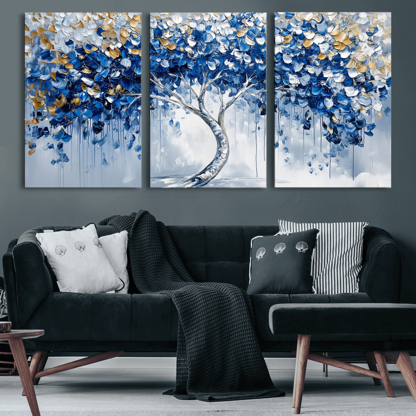 62350-MGV-CV-60X30-3P-Blue and Gold Abstract Tree Wall Art Canvas Print | Modern Tree of Life Painting | Framed Canvas