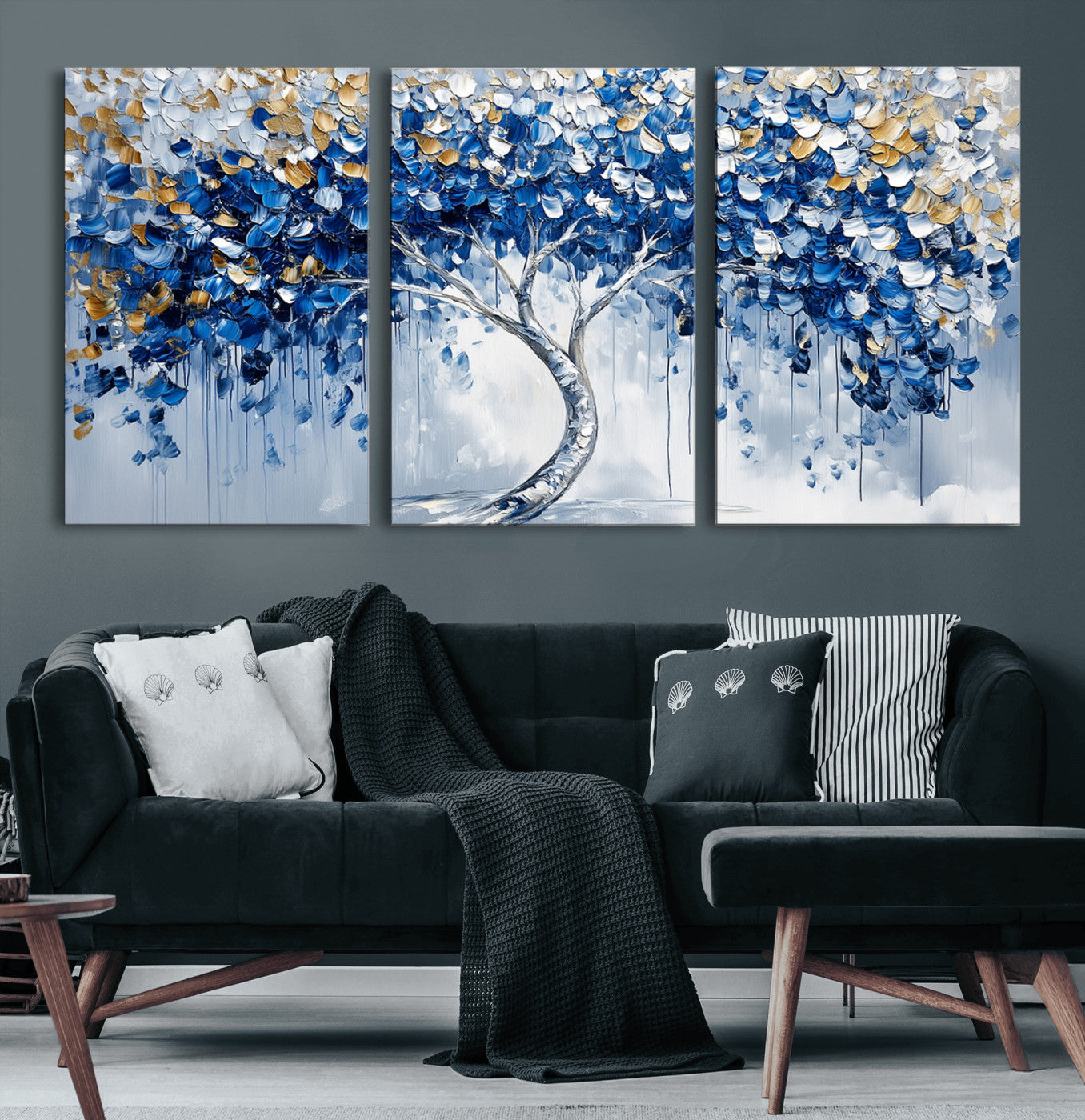 62350-MGV-CV-60X30-3P-Blue and Gold Abstract Tree Wall Art Canvas Print | Modern Tree of Life Painting | Framed Canvas
