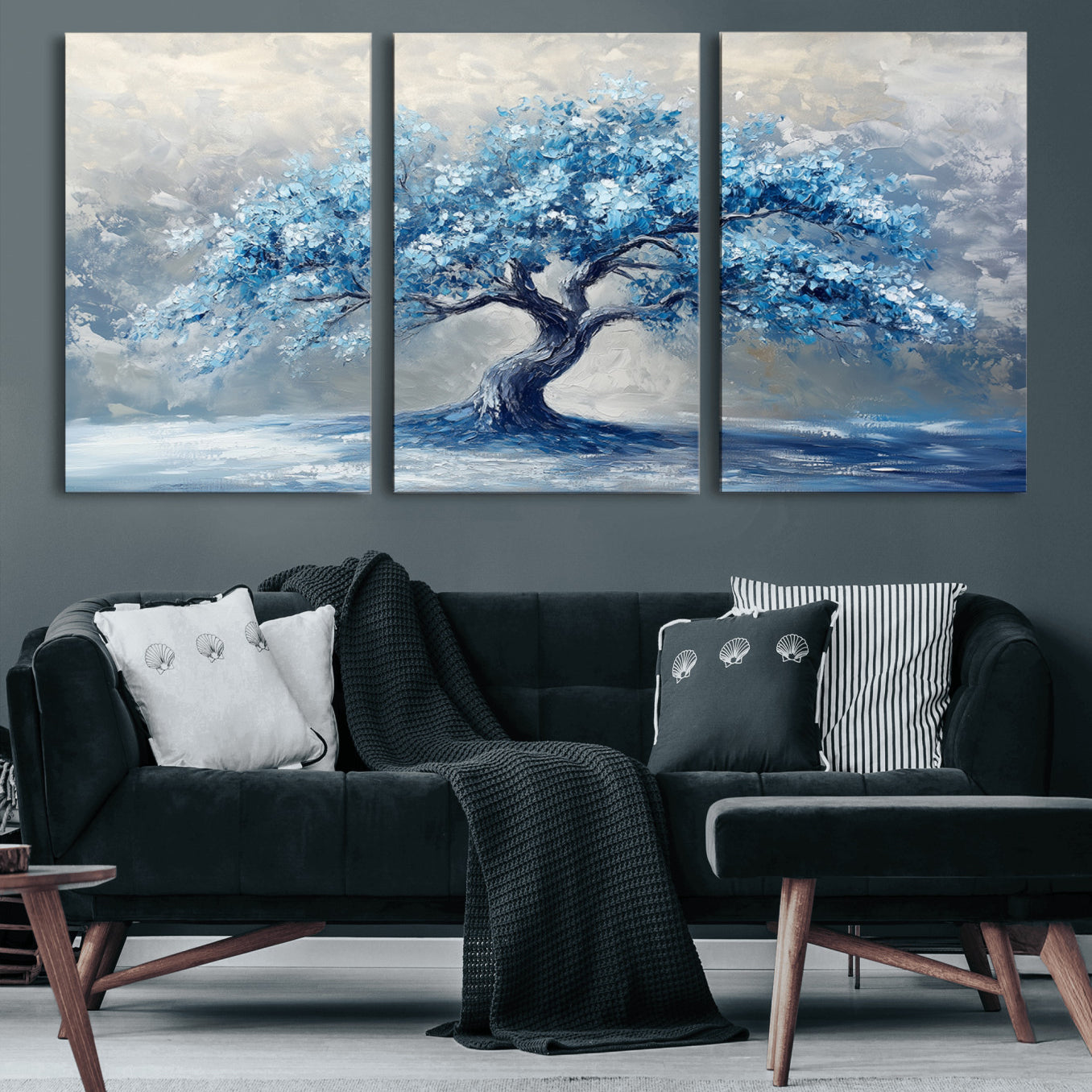 56105-MGV-CV-60X30-3P-Abstract Blue Tree Art Canvas Print, Majestic Tree Wall Art Print for Farmhouse Decor