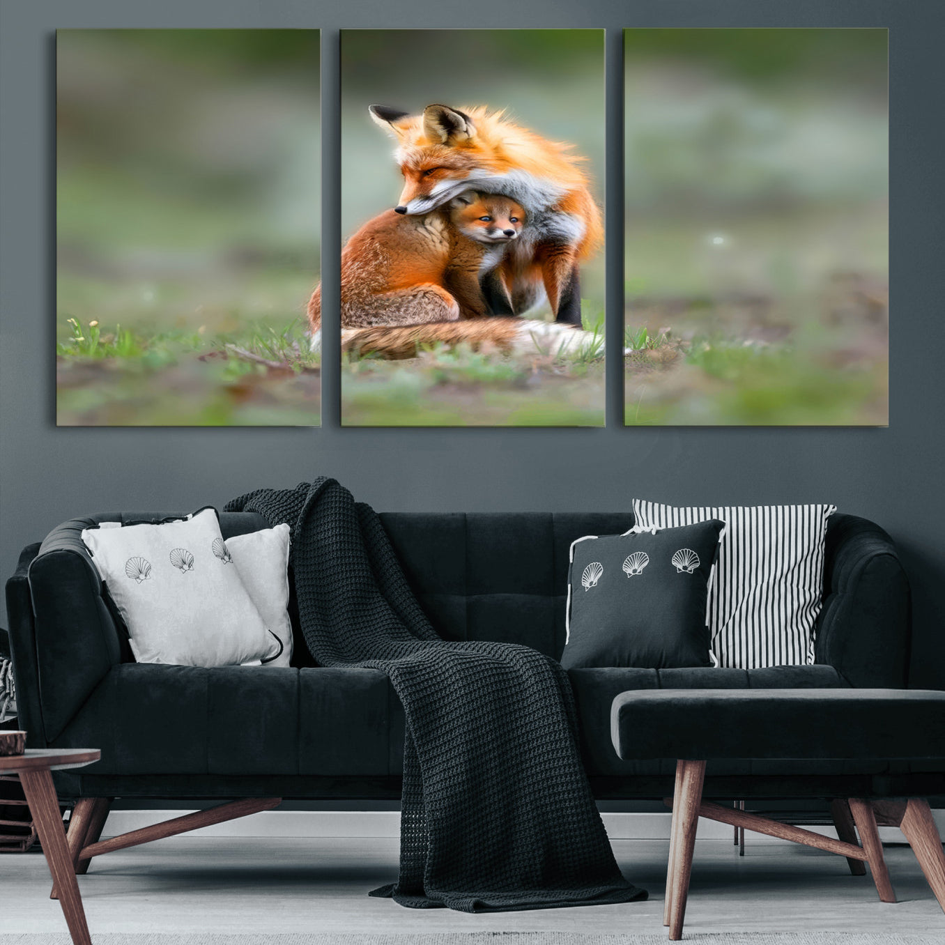 38607-MGV-CV-60X30-3P-Heartwarming Fox and Baby Cub Wall Art | Ready to Hang Canvas Print of Foxes in Nature | Perfect for