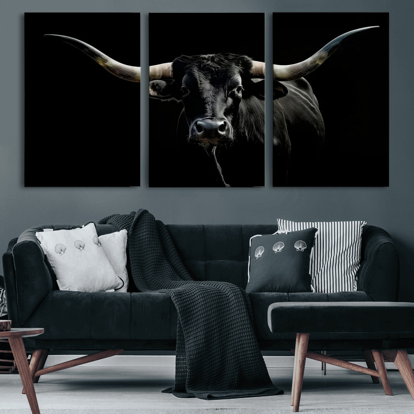 20679-MGV-CV-60X30-3P-Texas Black Longhorn Bull Wall Art Canvas Print - Western Texas Cattle Rustic Decor Print - Longhorn