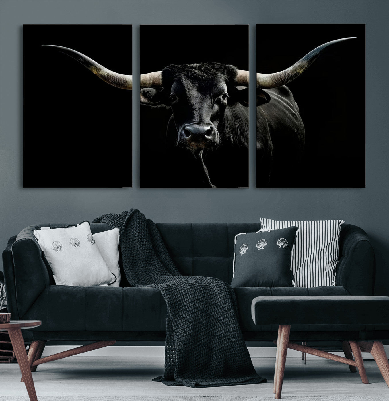 20679-MGV-CV-60X30-3P-Texas Black Longhorn Bull Wall Art Canvas Print - Western Texas Cattle Rustic Decor Print - Longhorn