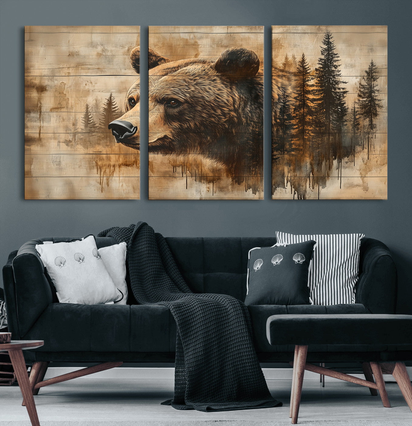 48378-MGV-CV-60X30-3P-Rustic Grizzly Bear Wall Art, Abstract Grizzly 399 Bear Wall Art Canvas Print - Woodland Wildlife