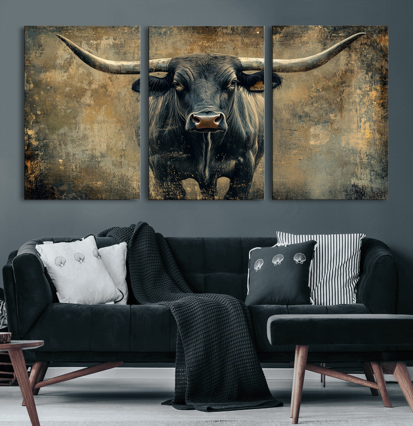 57385-MGV-CV-60X30-3P-Texas Longhorn Bull Wall Art – Framed Rustic Cow Canvas Print, Western Farmhouse Decor Artwork for Living Room or Office