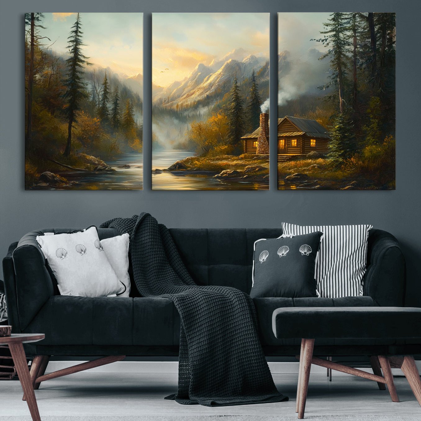 76464-MGV-CV-60X30-3P-Wood Cabin Retreat Mountain at Sunset Wall Art Print - Serene Forest and River Landscape Wall Art