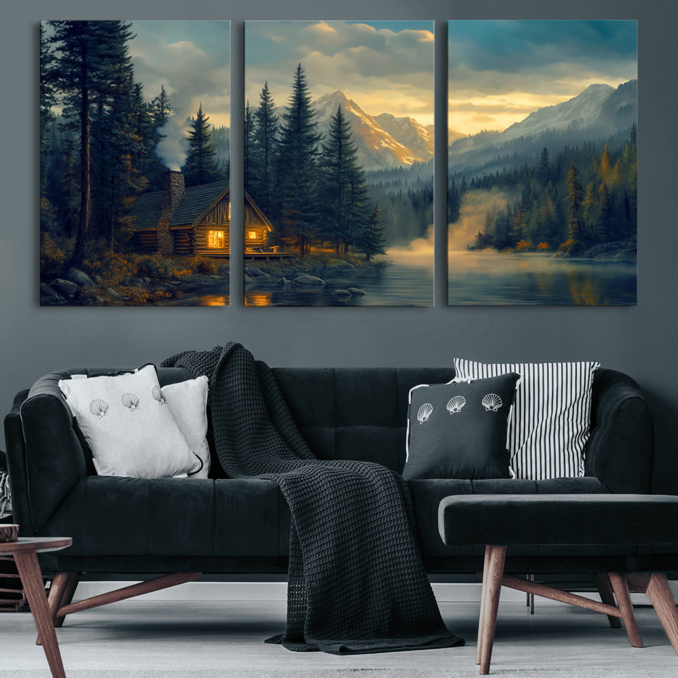 94027-MGV-CV-60X30-3P-Mountain Cabin by the Lake at Sunset Wall Art - Serene Nature Canvas Print for Living Room Decor,