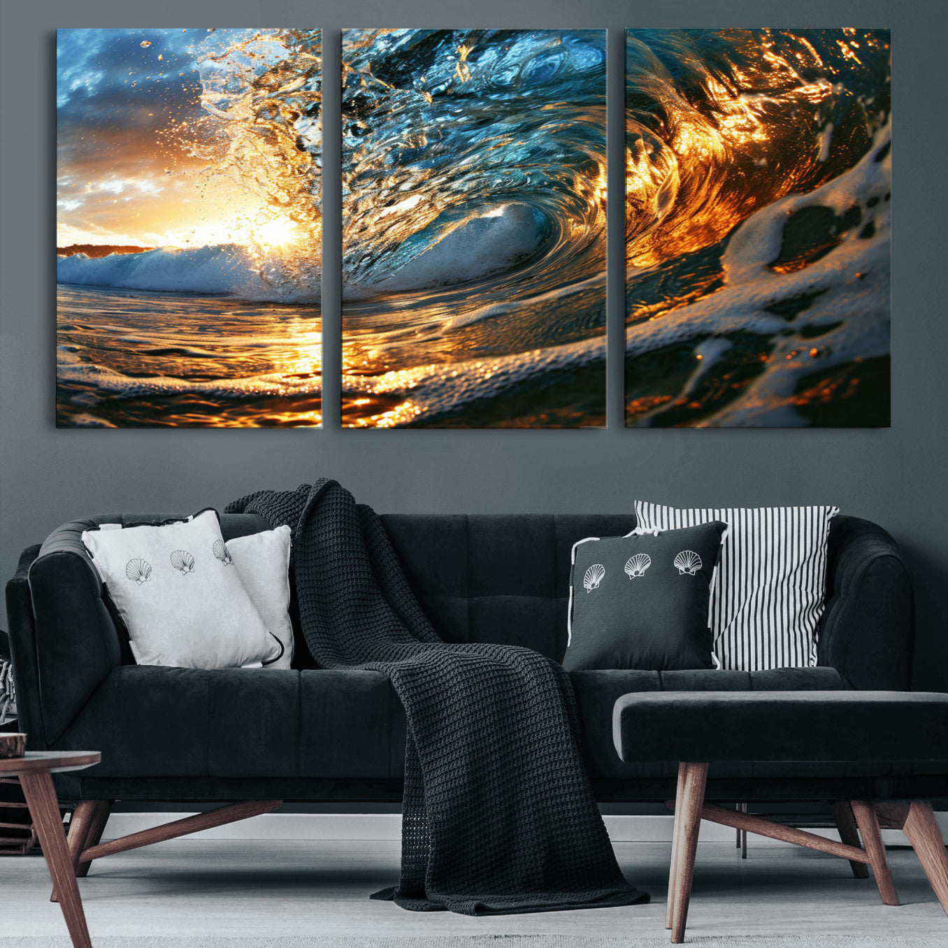 41370-MGV-CV-36X24-Ocean Wave at Sunset Canvas Wall Art – Vibrant Coastal Beach Waves Print, Large Nautical Decor,