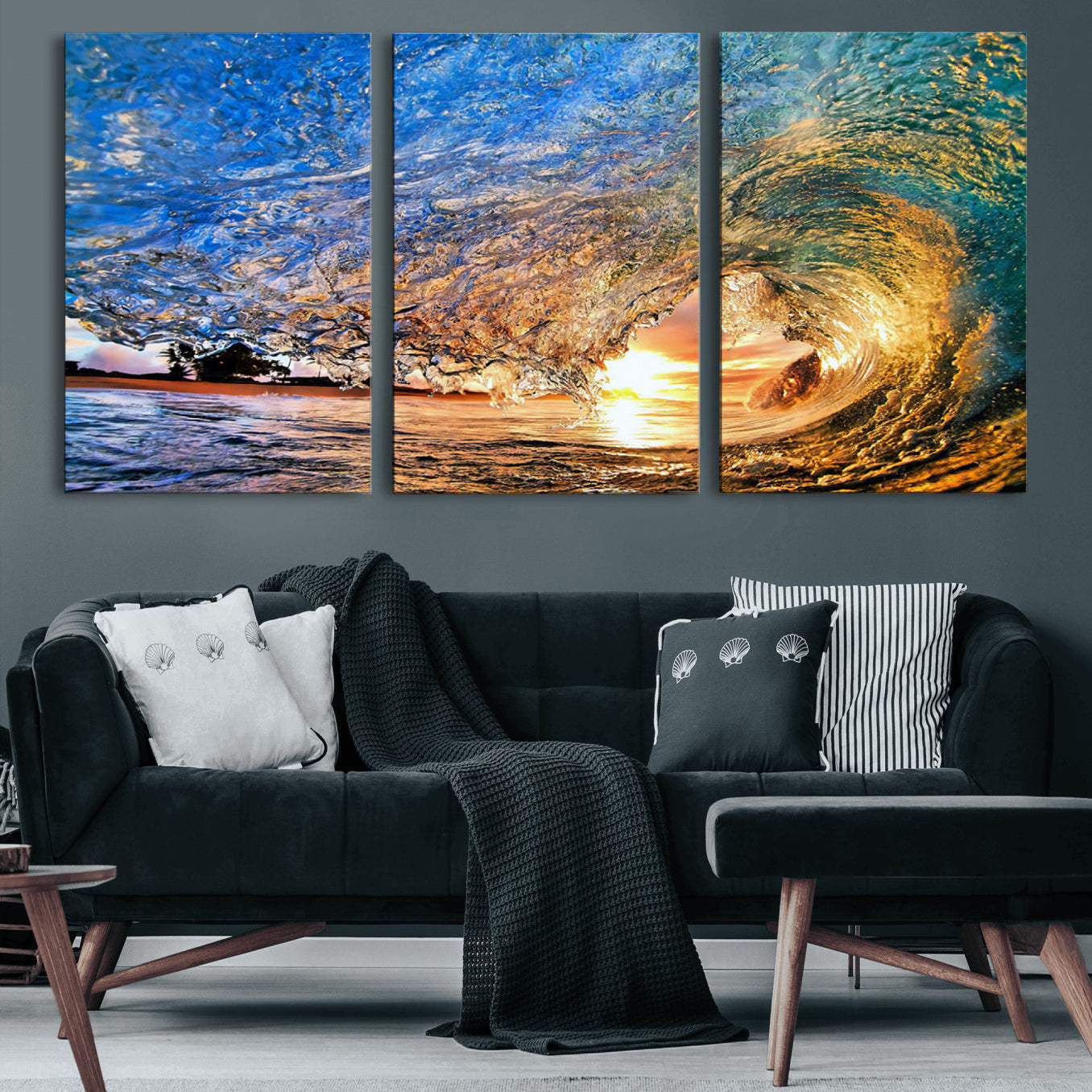 84627-MGV-CV-60X30-3P-Ocean Wave at Sunset Canvas Wall Art – Vibrant Coastal Beach Waves Print, Large Nautical Decor,