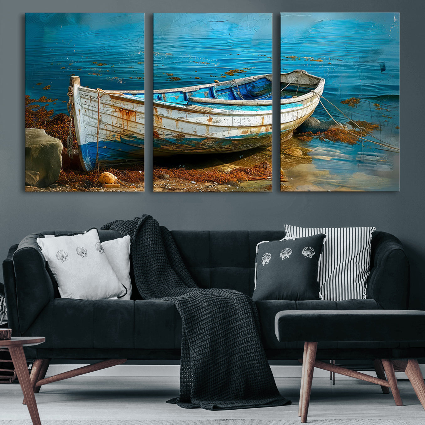 54716-MGV-CV-60X30-3P-Vintage Boat on Tranquil Waters | Coastal Wall Art for Nautical Decor | Rustic Triptych Canvas Print
