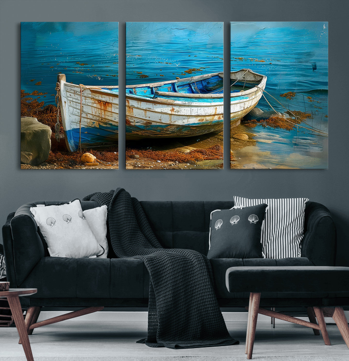 54716-MGV-CV-60X30-3P-Vintage Boat on Tranquil Waters | Coastal Wall Art for Nautical Decor | Rustic Triptych Canvas Print
