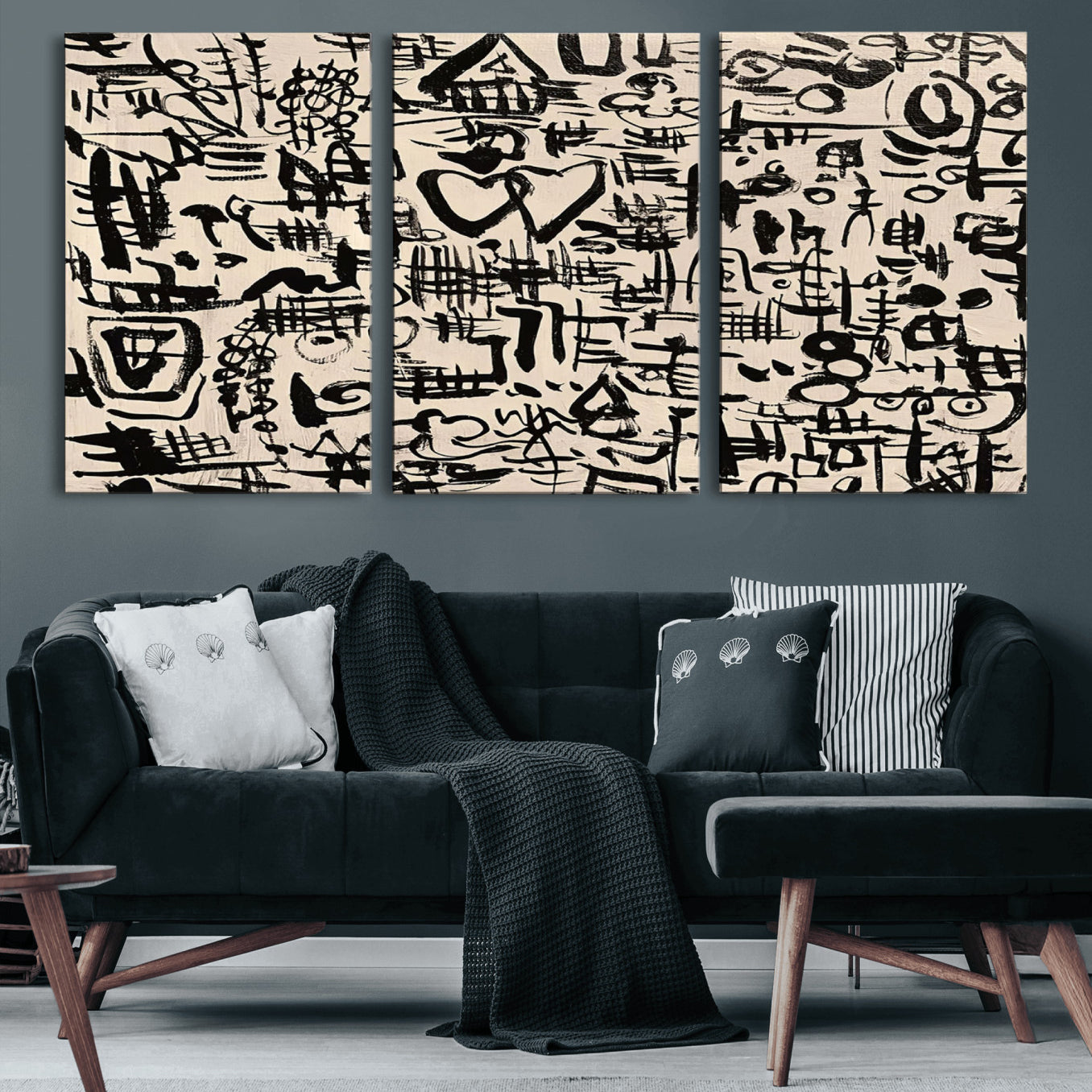 68273-MGV-CV-60X30-3P - Abstract Love and Chaos Canvas Print, Black Symbols on Beige