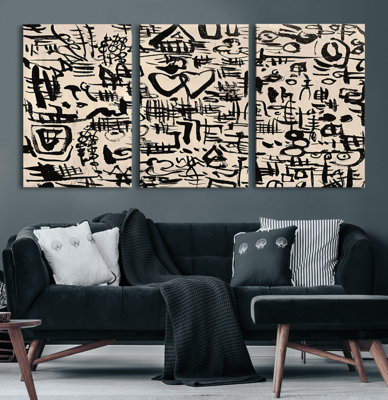 68273-MGV-CV-60X30-3P - Abstract Love and Chaos Canvas Print, Black Symbols on Beige