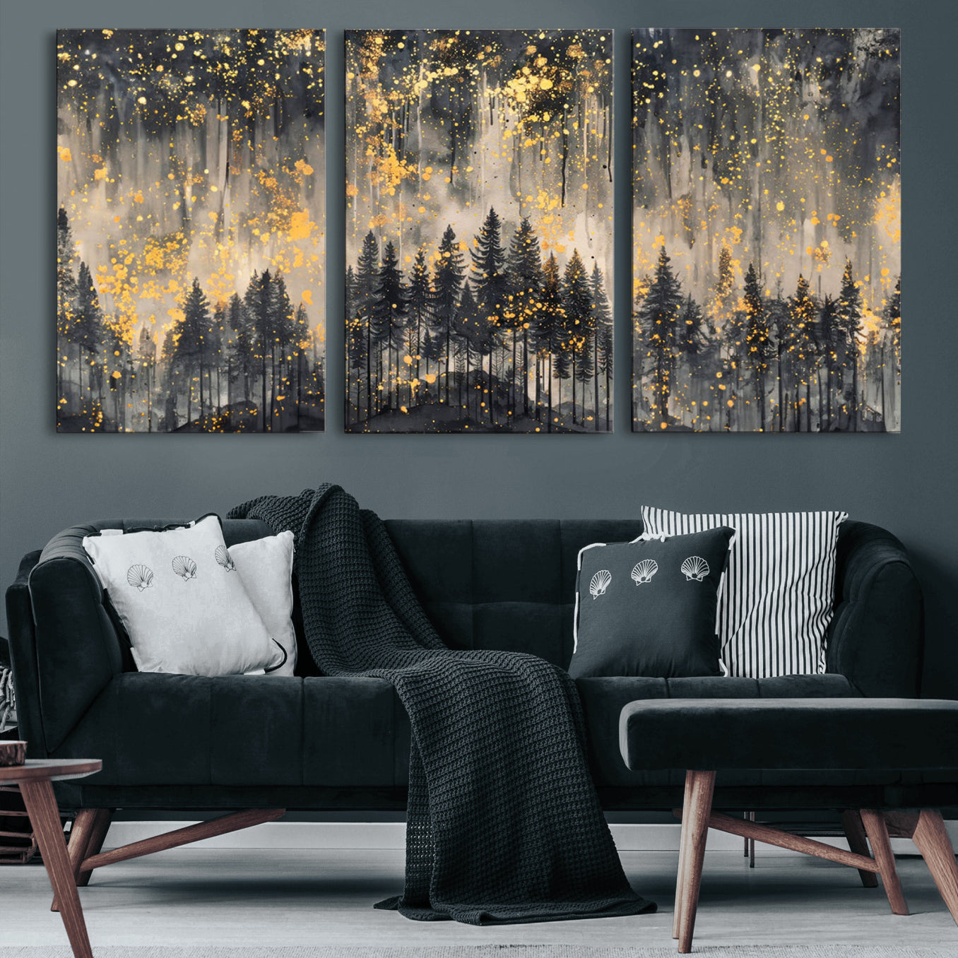 46049-MGV-CV-60X30-3P-Golden Forest Abstract Wall Art | Dark Forest with Gold Splatter Accents | Triptych Ready to Hang