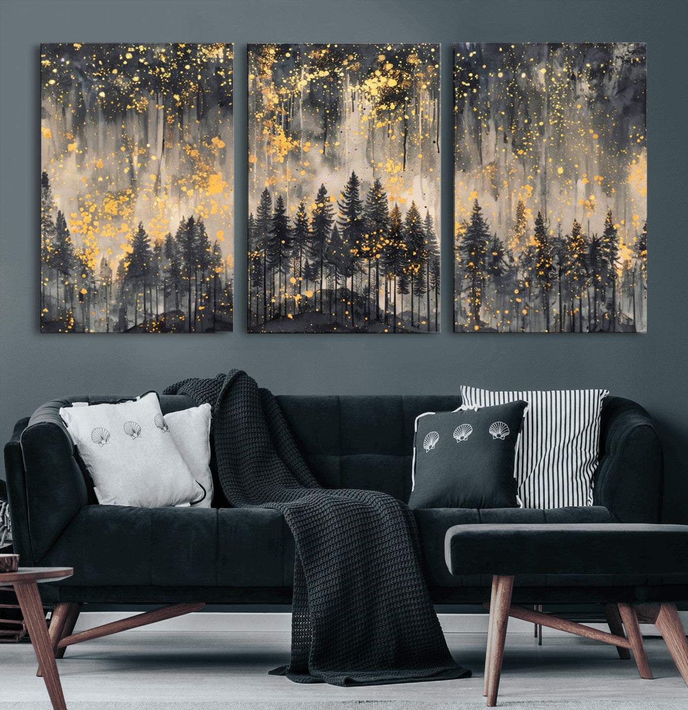 46049-MGV-CV-60X30-3P-Golden Forest Abstract Wall Art | Dark Forest with Gold Splatter Accents | Triptych Ready to Hang