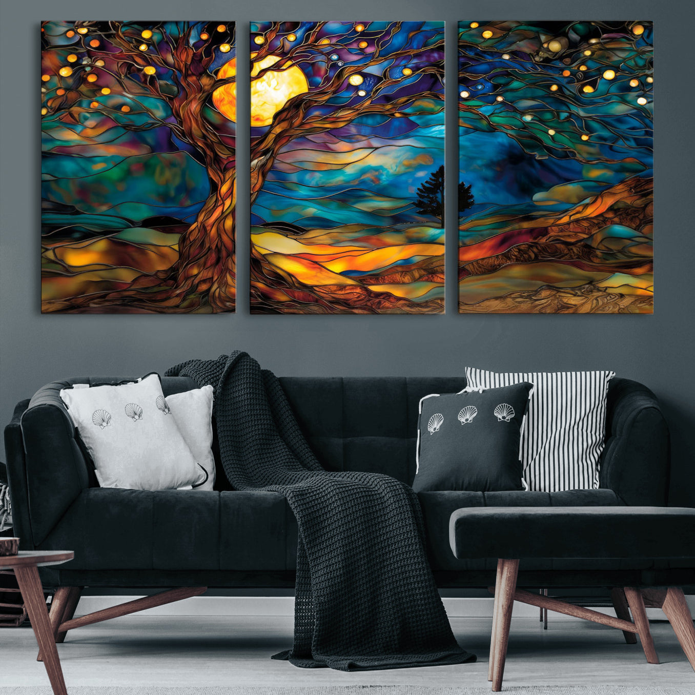 18319-MGV-CV-60X30-3P-Tree of Life Wall Art - Yggdrasil Tree of Life Canvas Print - Vibrant Moonlit Tree Wall Art, Tree