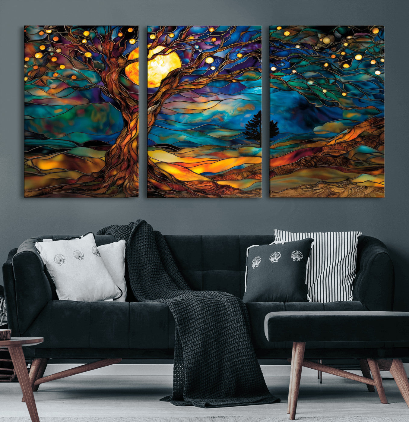 18319-MGV-CV-60X30-3P-Tree of Life Wall Art - Yggdrasil Tree of Life Canvas Print - Vibrant Moonlit Tree Wall Art, Tree