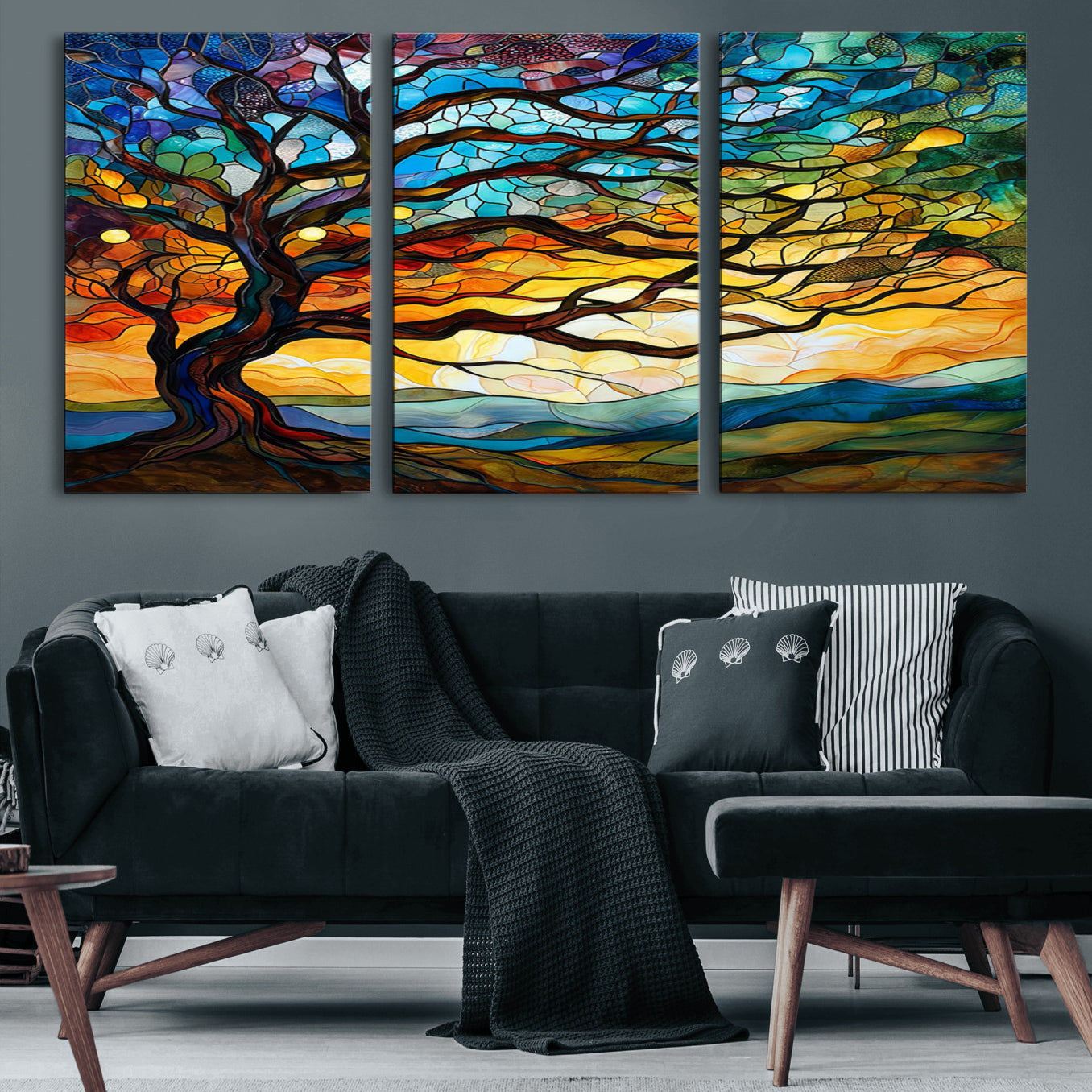64765-MGV-CV-60X30-3P-Mosaic Tree Wall Art | Ready to Hang Stained Glass Style Canvas Print | Farmhouse Wall Decor, Cabin