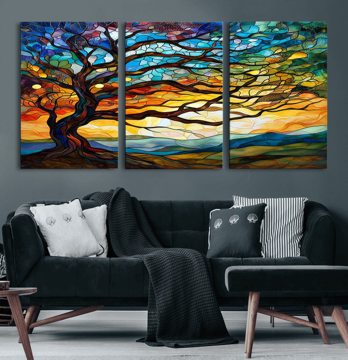 64765-MGV-CV-60X30-3P-Mosaic Tree Wall Art | Ready to Hang Stained Glass Style Canvas Print | Farmhouse Wall Decor, Cabin